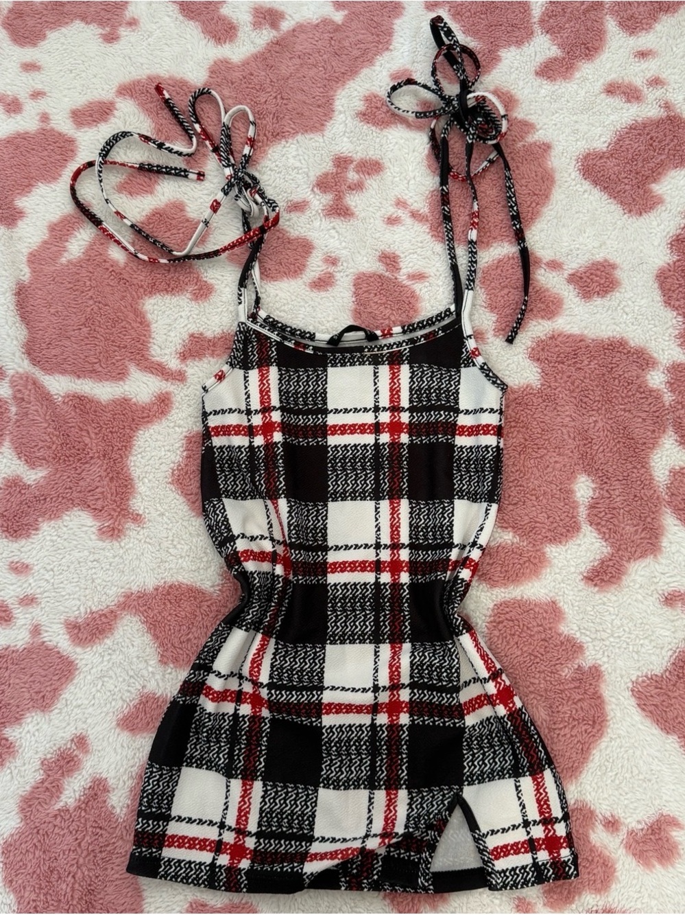 Y2K Plaid Tie Shoulder Top XS Coquette Soft Girl Grunge Black, White & Red
